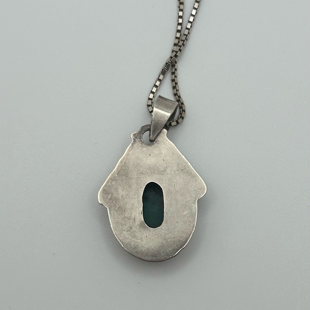 Vintage Sterling Silver Malachite Necklace Green Cabochon Pendant 13.5” Chain - Picture 2 of 5